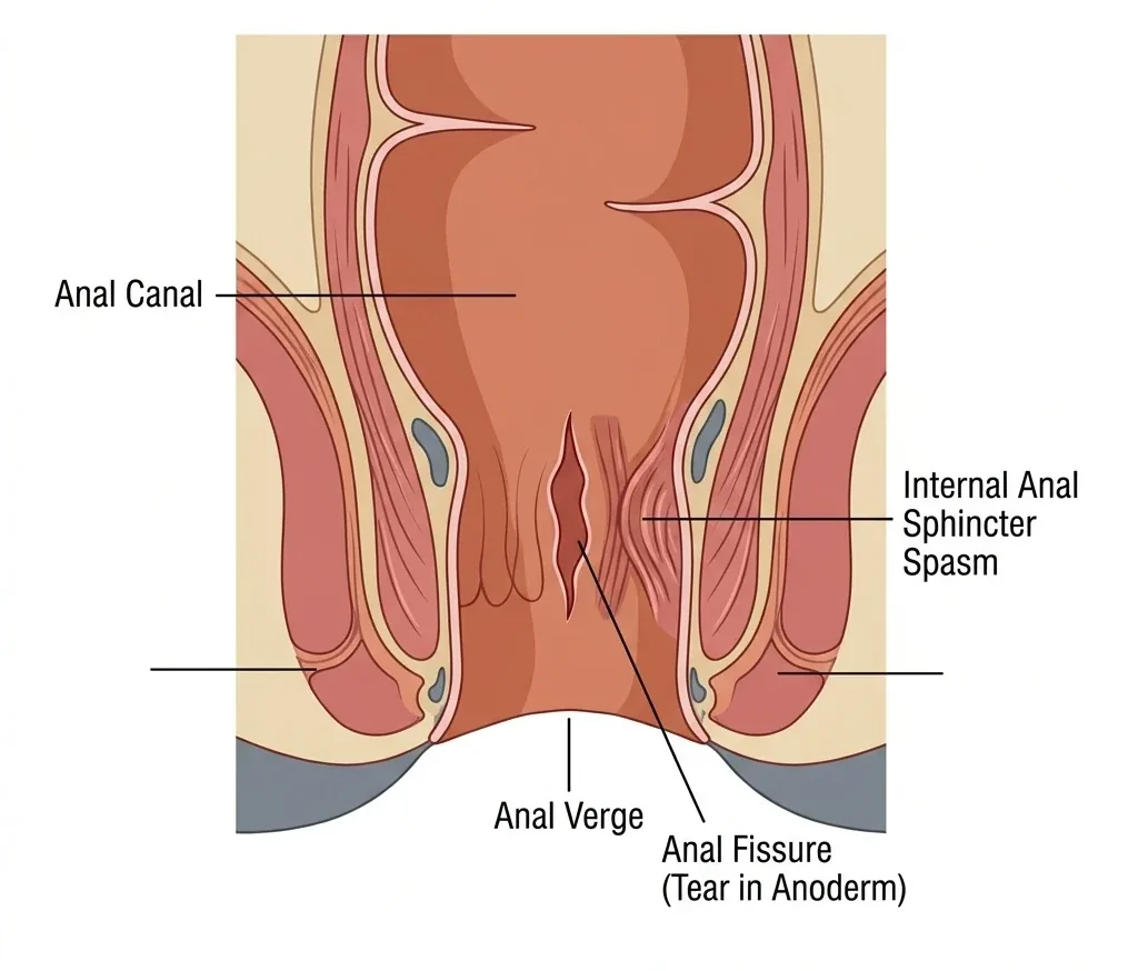Diagram showing an anal fissure and spasm of the internal anal sphincter