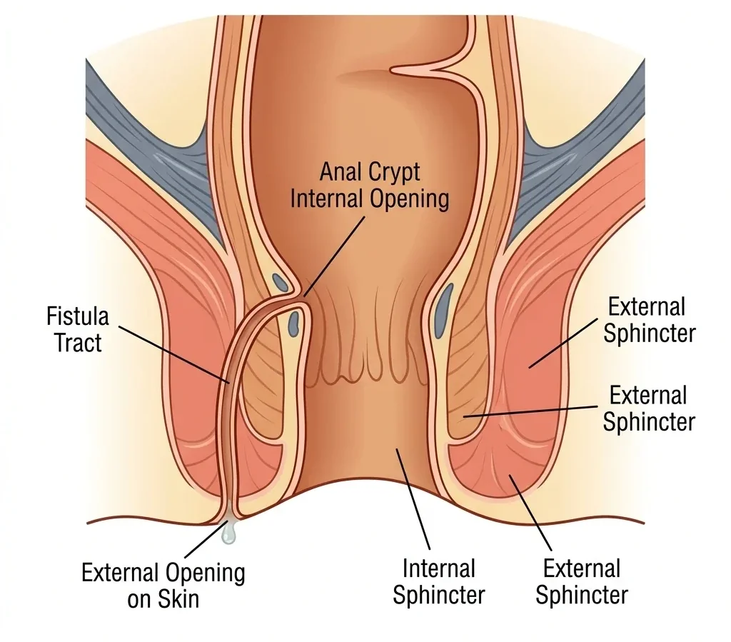 Diagram showing an anal fistula tract crossing the sphincter muscles