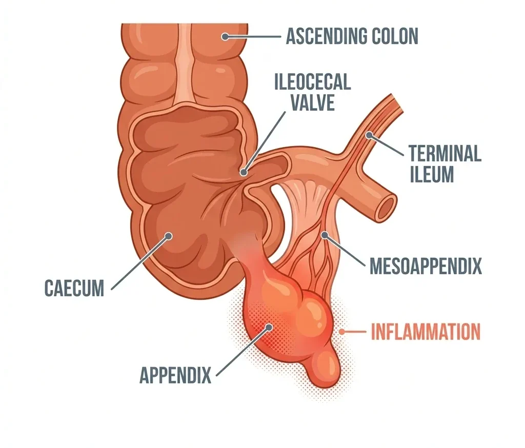 Diagram showing an inflamed appendix and nearby bowel