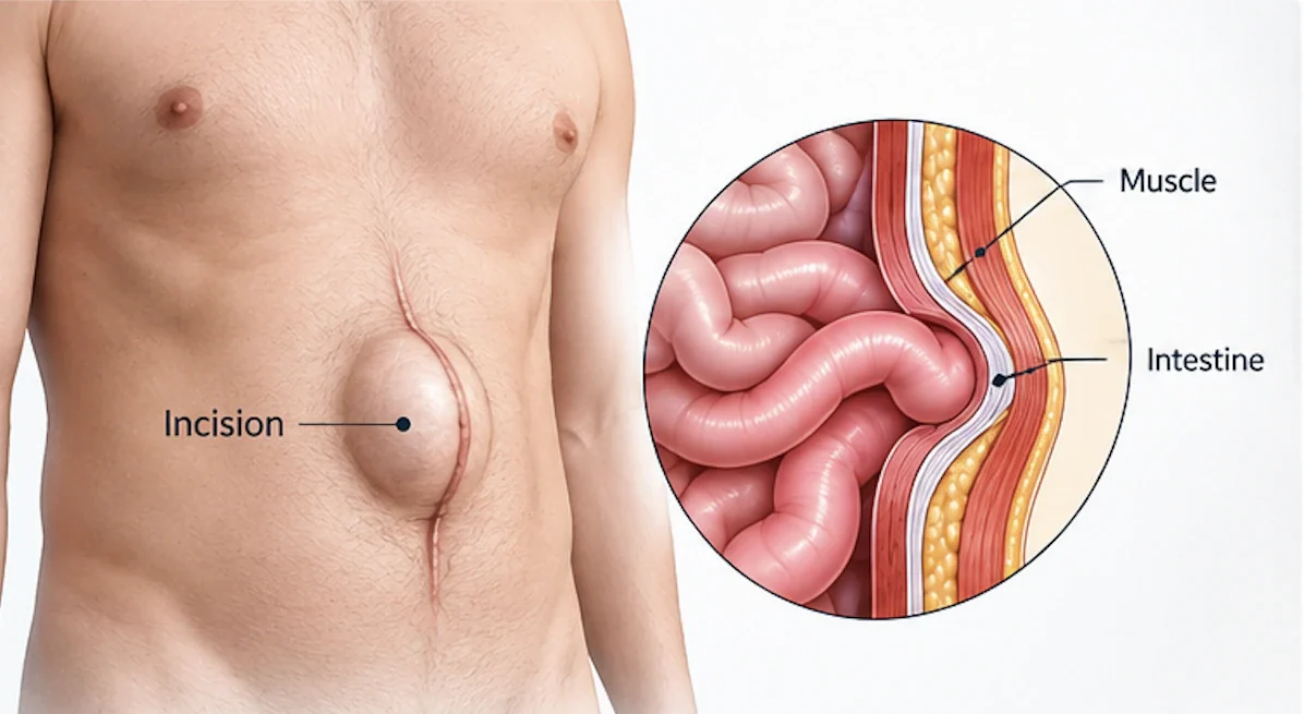 Illustration showing an incisional hernia through a previous abdominal incision