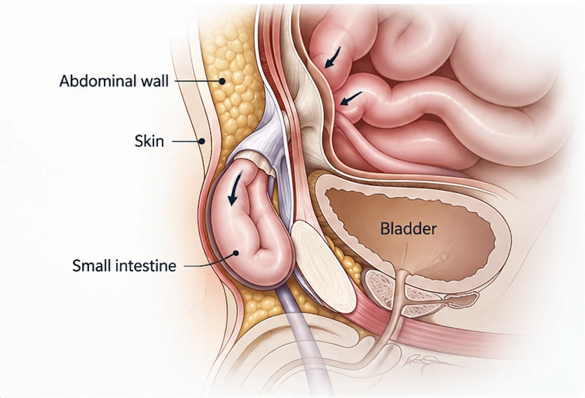 Side-view diagram showing an inguinal hernia in the groin