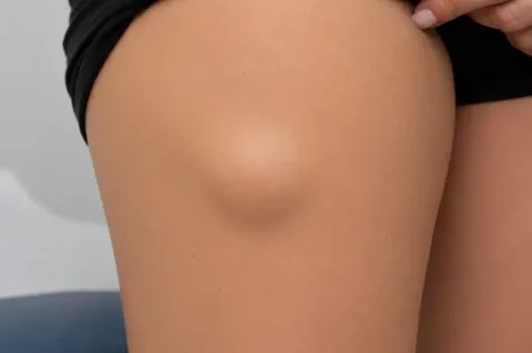 Soft, smooth lipoma under the skin of the thigh