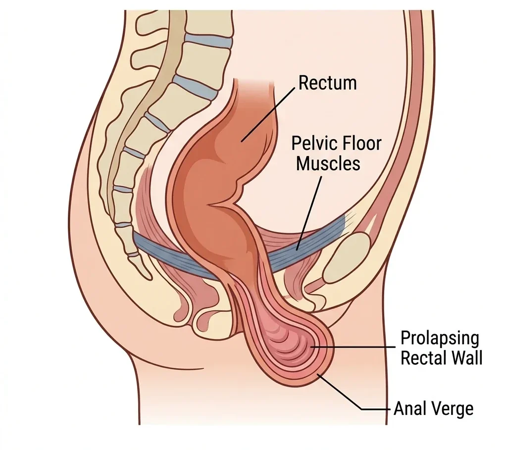 Side-view diagram showing full-thickness rectal prolapse through the anus