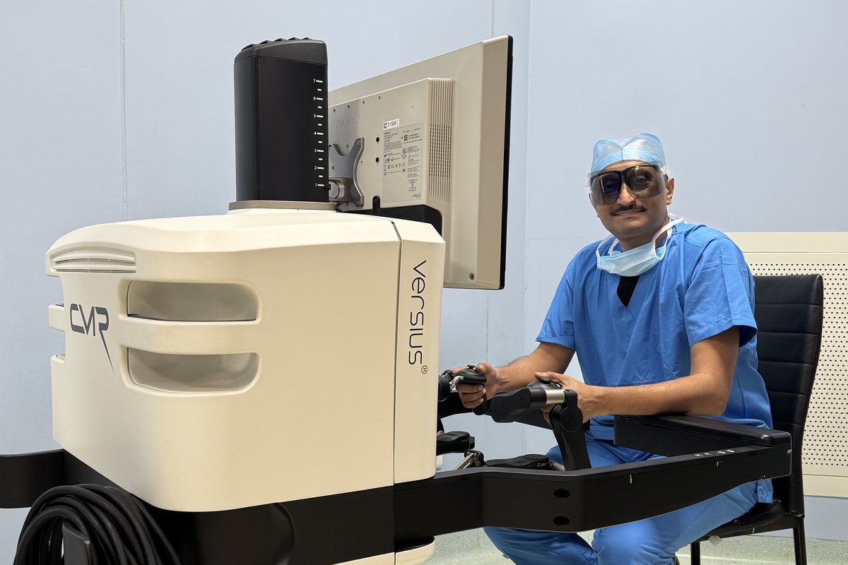 Dr Prasad Bhukebag at the CMR Versius robotic surgical console